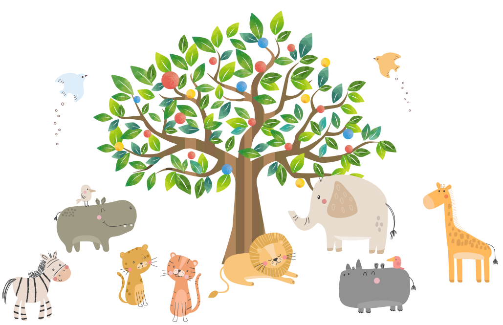 動物たちと木のイラスト